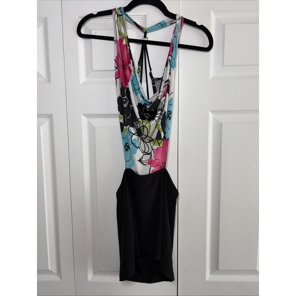 De More Floral Cowl Neck Mini Dress Womens S Multi Color Y2K Strappy Open Back